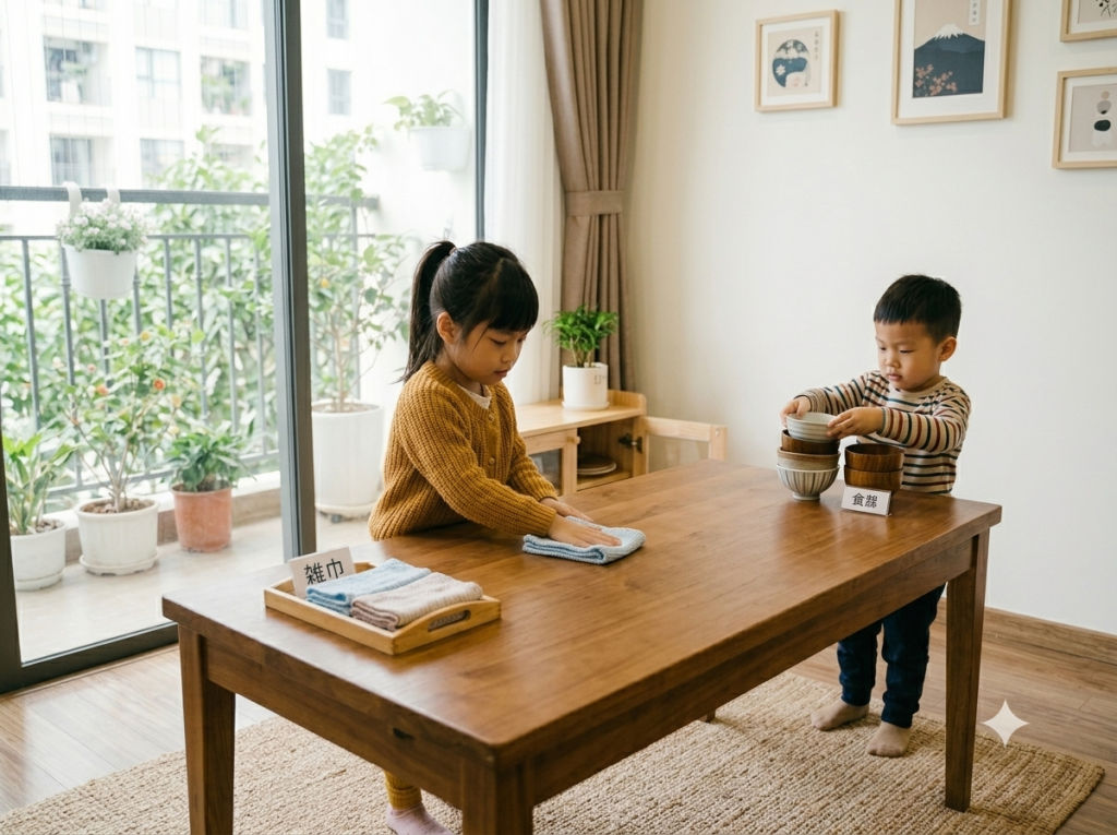Trẻ tự dọn bàn ăn theo lối giáo dục của Nhật